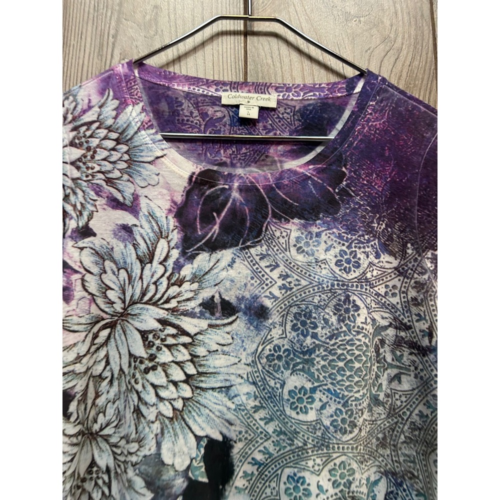 Coldwater Creek Womens L 14 Purple Floral Mandala Long Sleeve Top Made in USA - Picture 7 of 7